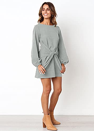 ParGrace Elegant Long Lantern Sleeve Short Dress Crewneck Tie Waist Knit Cocktail Dress