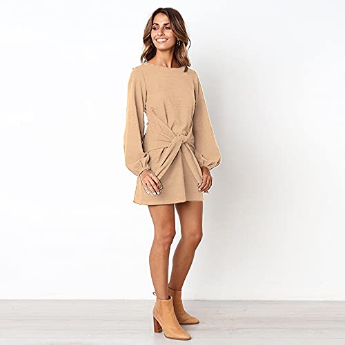 ParGrace Elegant Long Lantern Sleeve Short Dress Crewneck Tie Waist Knit Cocktail Dress