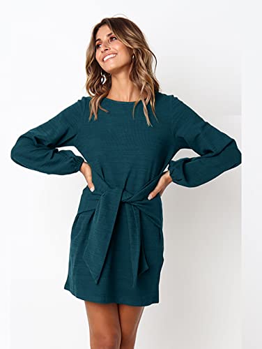 ParGrace Elegant Long Lantern Sleeve Short Dress Crewneck Tie Waist Knit Cocktail Dress