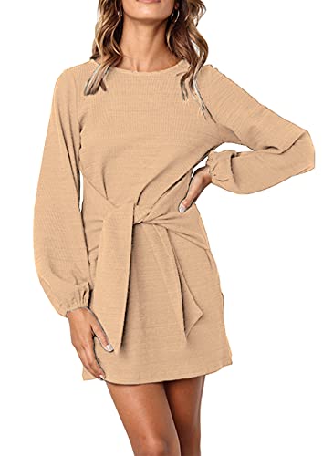 ParGrace Elegant Long Lantern Sleeve Short Dress Crewneck Tie Waist Knit Cocktail Dress