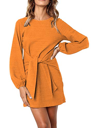 ParGrace Elegant Long Lantern Sleeve Short Dress Crewneck Tie Waist Knit Cocktail Dress