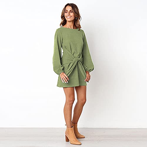 ParGrace Elegant Long Lantern Sleeve Short Dress Crewneck Tie Waist Knit Cocktail Dress