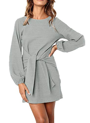 ParGrace Elegant Long Lantern Sleeve Short Dress Crewneck Tie Waist Knit Cocktail Dress