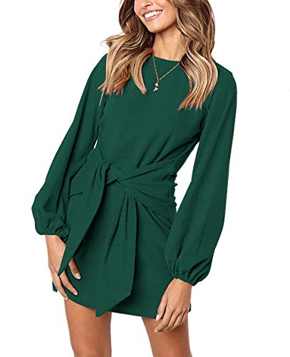 ParGrace Elegant Long Lantern Sleeve Short Dress Crewneck Tie Waist Knit Cocktail Dress