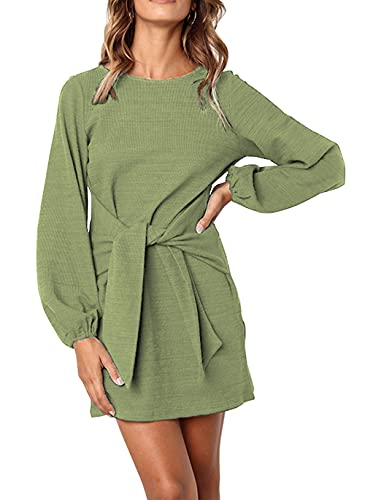 ParGrace Elegant Long Lantern Sleeve Short Dress Crewneck Tie Waist Knit Cocktail Dress