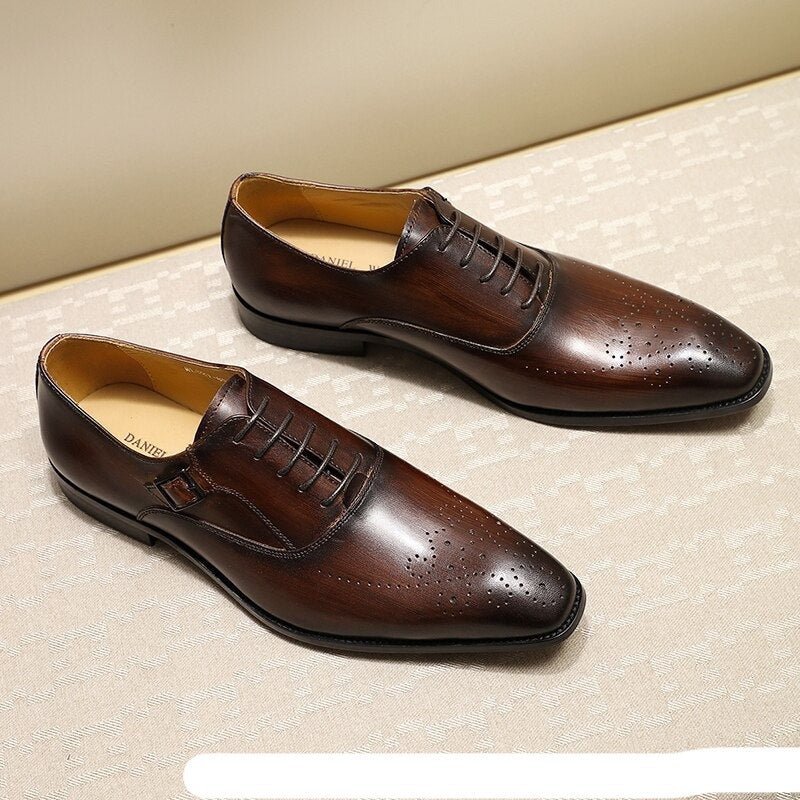 ParGrace Genuine Leather Oxford Shoes Buckle Lace-Up