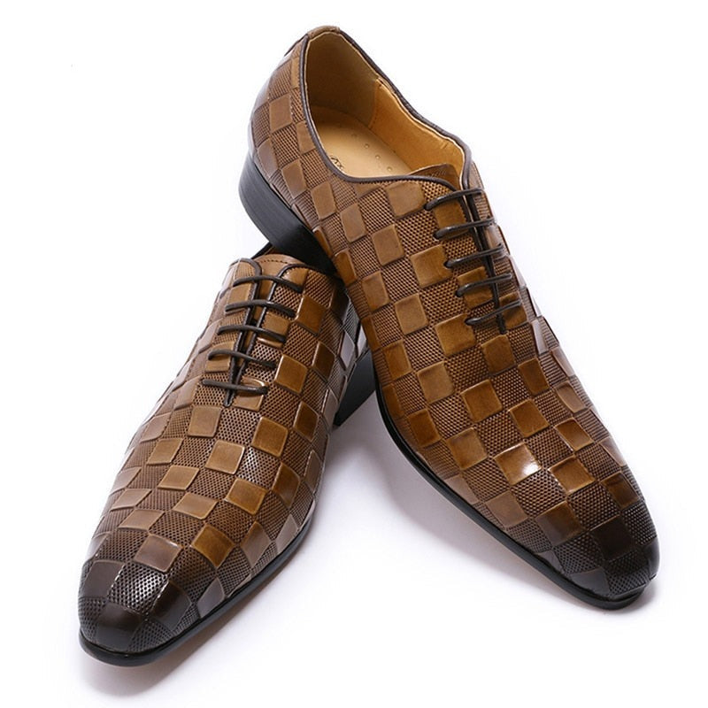 ParGrace Italian Leather  Fashion Plaid Print Lace-Up Oxford Shoes