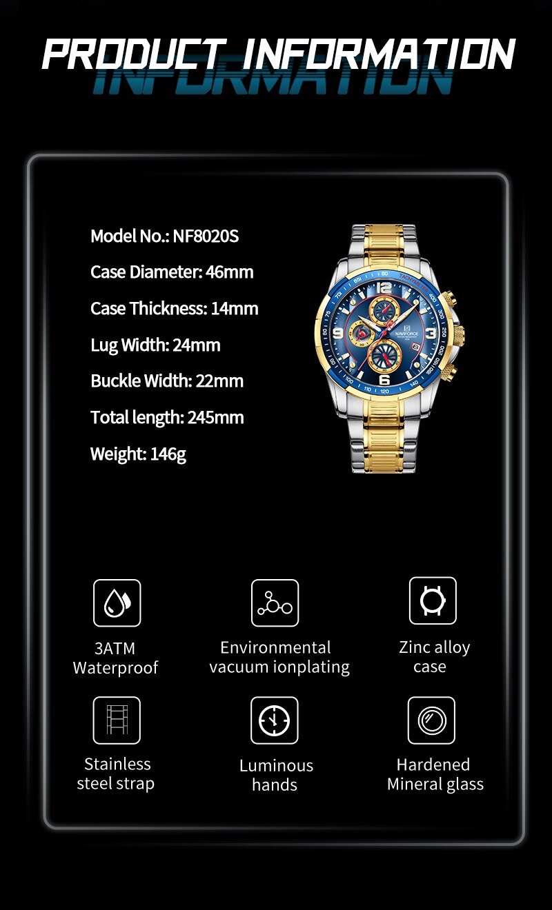 NAVIFORCE Quartz Chronograph Dial Stainless Steel Watch 3Bar Water Resistant