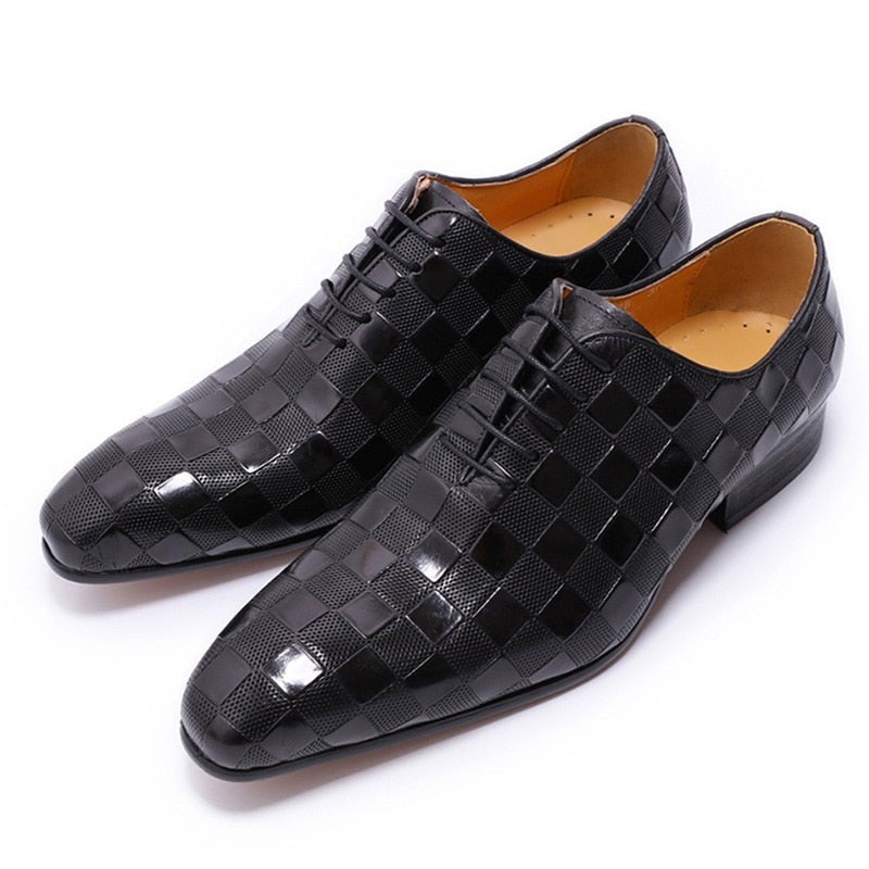 ParGrace Italian Leather  Fashion Plaid Print Lace-Up Oxford Shoes