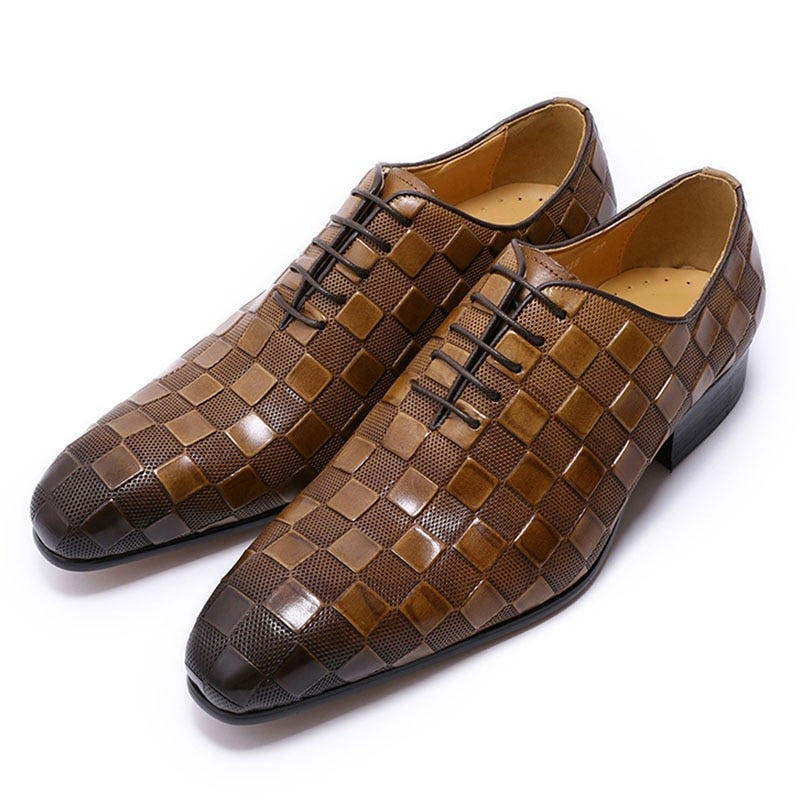 ParGrace Italian Leather  Fashion Plaid Print Lace-Up Oxford Shoes