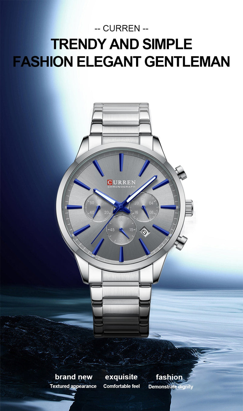 CURREN Quartz Watches  New  Stainless Steel Strap with Luminous Hands Chronograph