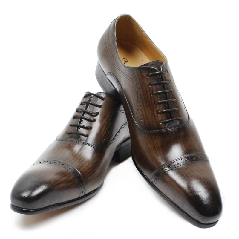 Oxford Shoes Lace Up Pointed Cap in genuine Leather