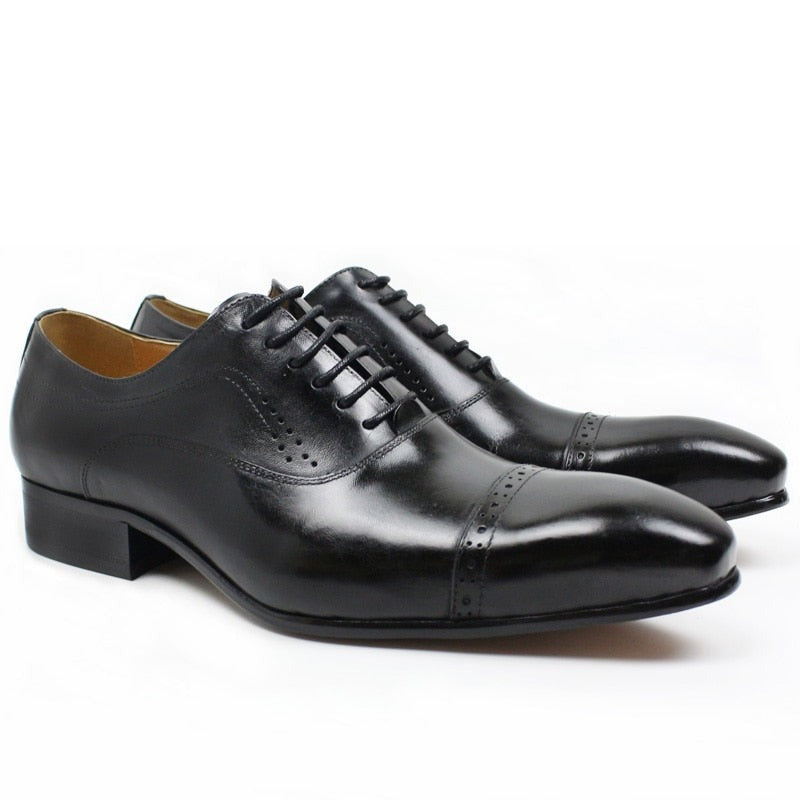 Oxford Shoes Lace Up Pointed Cap in genuine Leather